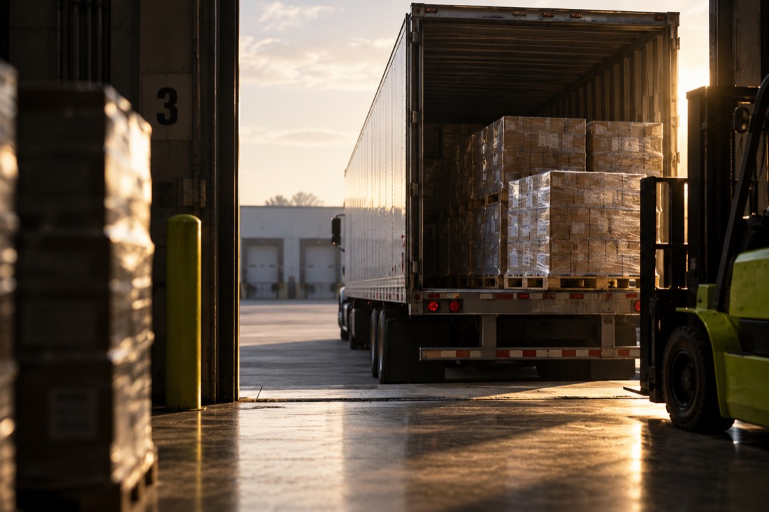 A trailer backed into dock 3 at sunrise, doors open, shrink-wrapped pallets loaded inside, a forklift alongside.
