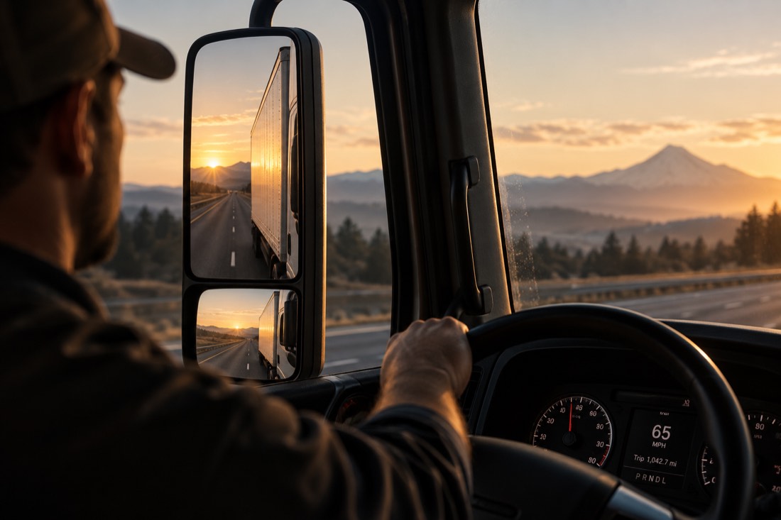 From the driver's seat at sunrise: a hand on the wheel, the trailer and empty highway reflected in the west-coast mirror, Cascades on the horizon, 65 mph on the dash.