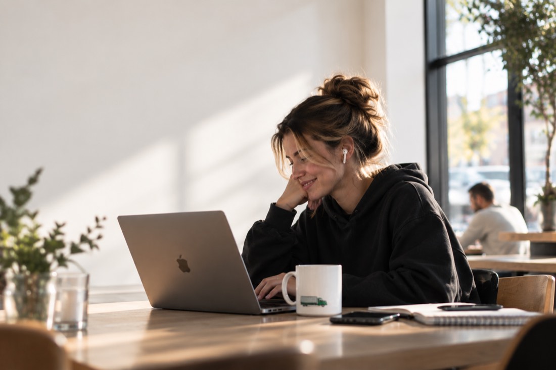 An agent at her own table by a window, working on a laptop with a notebook, phone and coffee beside her.