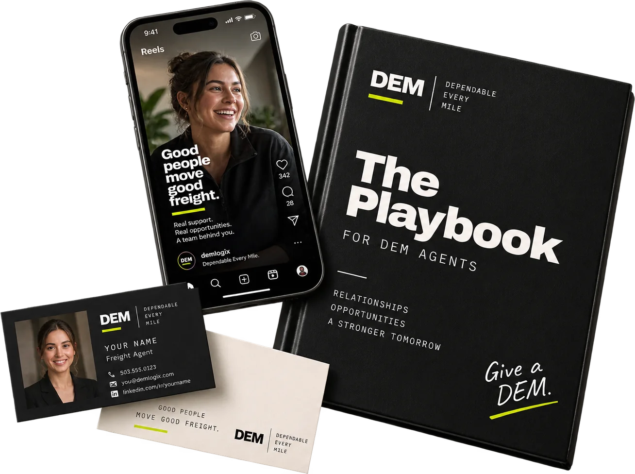 A DEM agent kit: the black Playbook for DEM Agents, a branded business card, and a recruiting reel playing on a phone.