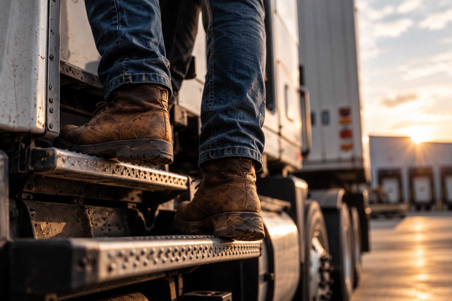 A driver stepping down from the cab at sunrise, worn boots on the steps, dock doors and the sun behind the trailer.