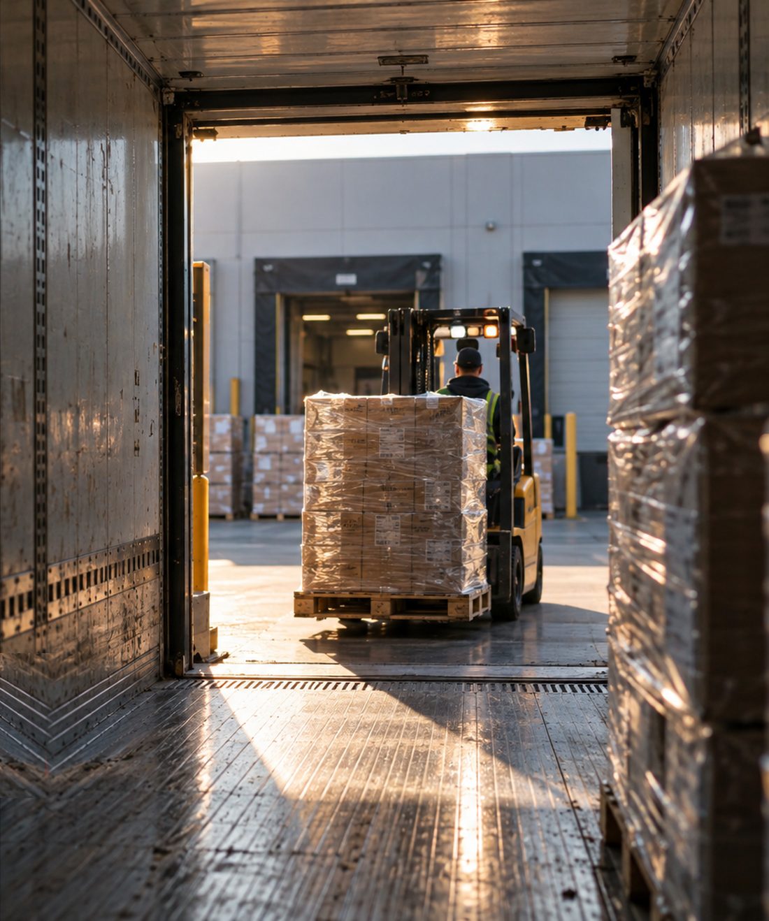 Seen from inside a trailer at the dock: a forklift bringing a wrapped pallet aboard in low morning sun.