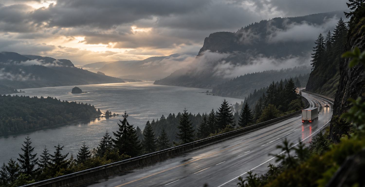 Interstate 84 curving through the Columbia River Gorge in the rain at dusk, a truck running the bend.