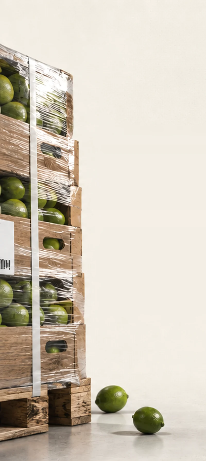 A pallet of limes in vented cartons, shrink-wrapped and strapped, standing on a dock floor with two loose limes beside it &mdash; the load on this record.
