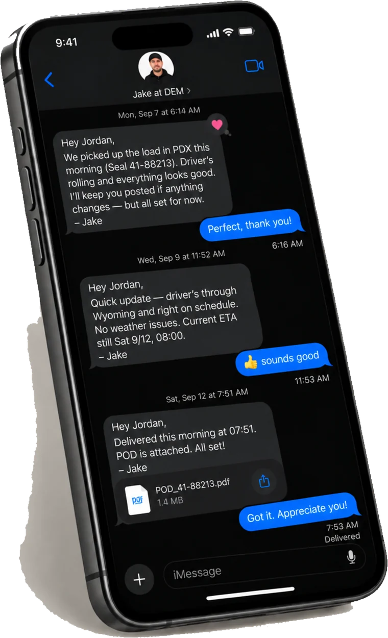 A phone showing the thread from DEM: picked up in Portland on 09.07 under seal 41-88213, a mid-trip update on 09.09 with the ETA unchanged at Sat 9/12, and delivery confirmed on 09.12 with the POD attached.
