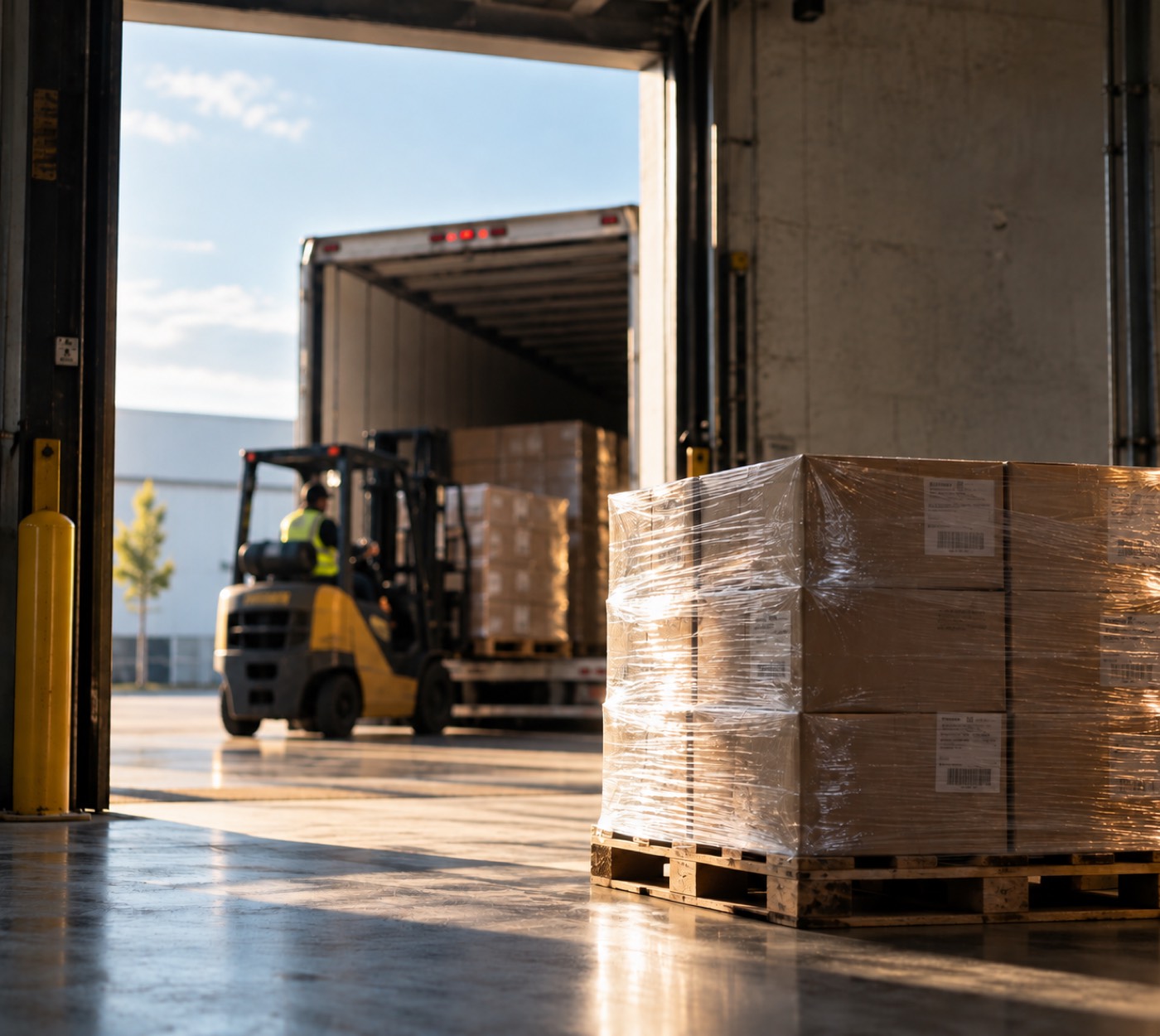 A shrink-wrapped pallet staged on a warehouse dock in daylight, a forklift loading a trailer behind it.