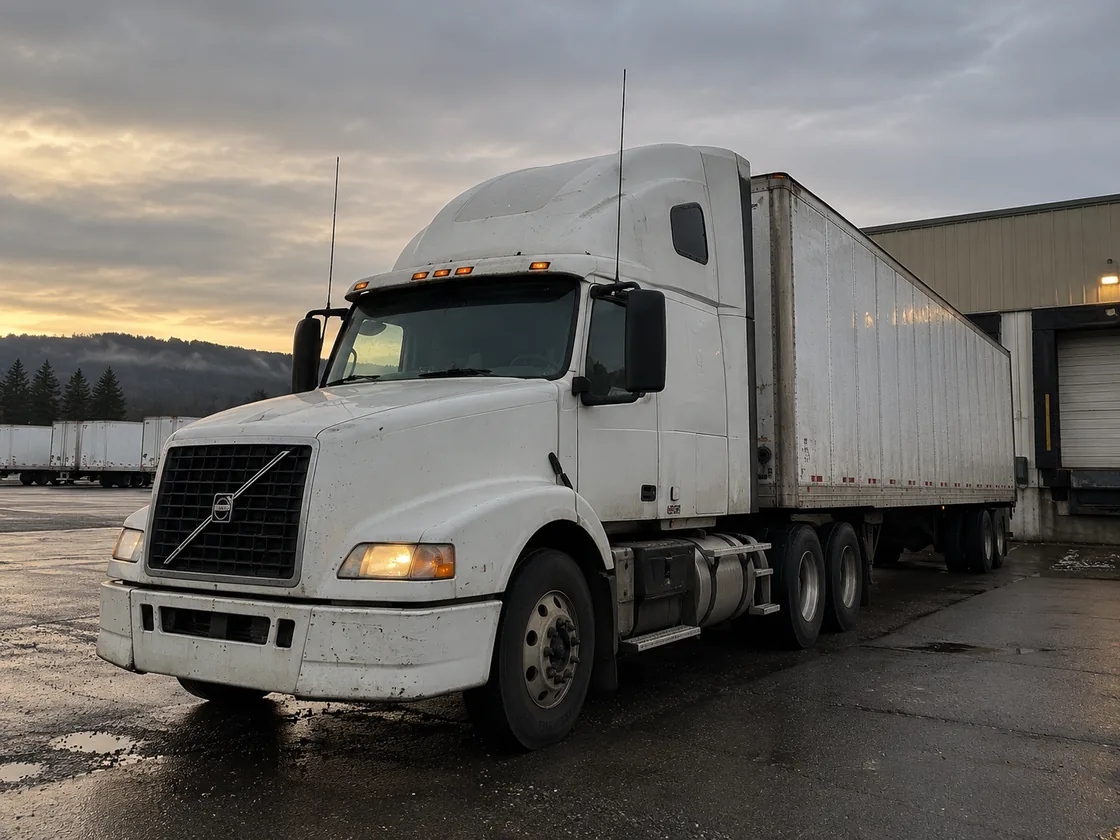 The original DEM truck &mdash; a white Volvo tractor and dry van backed into a dock at dawn, Oregon hills and a break in the clouds behind it.